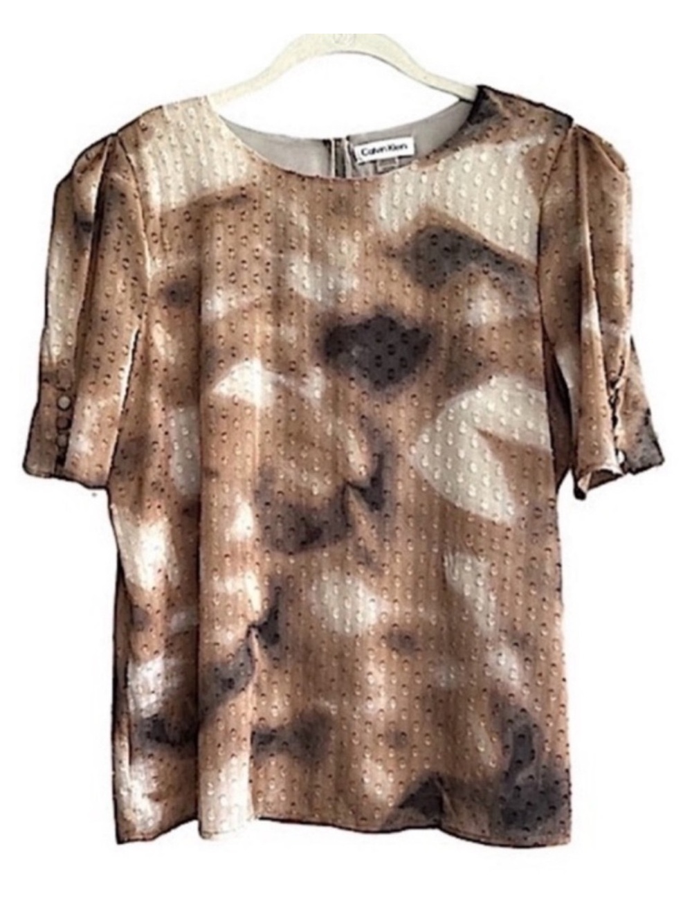 Calvin Klein Short Sleeve Blouse Swiss Dot Button Detail Tan Brown Cream Size M